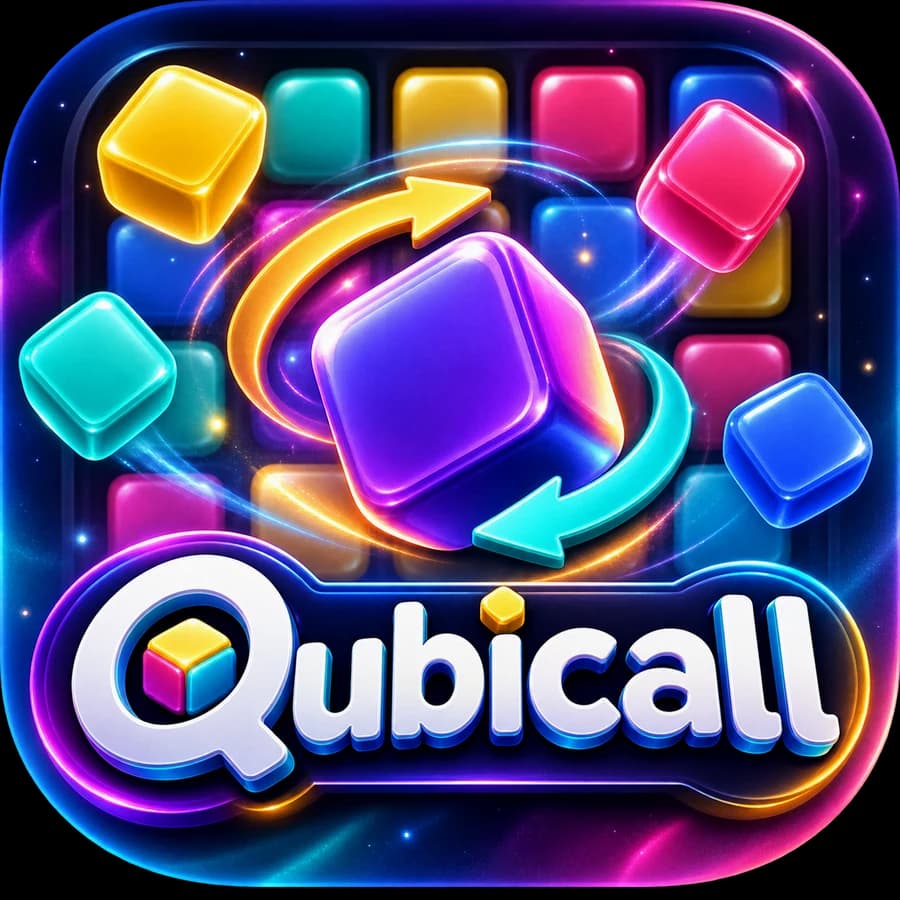 The Qubicall app icon: coloured cubes tumbling over a grid, a large violet cube turning between two arrows, and the game's name beneath.